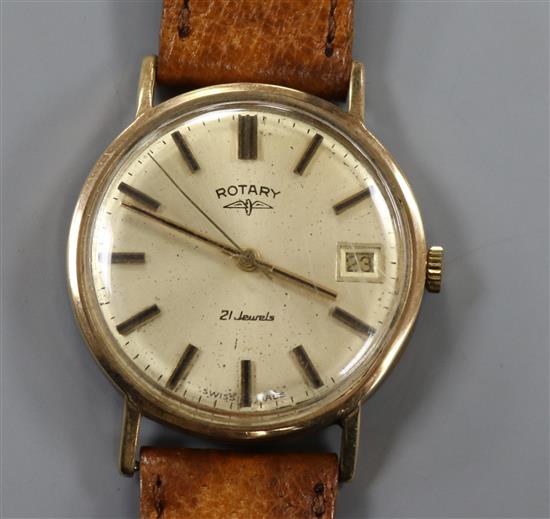 A gentlemans 9ct gold Rotary manual wind wrist watch, on leather strap.